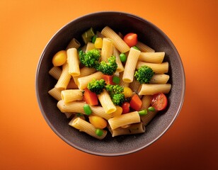 delicious rigatoni pasta bowl garnished with fresh vegetables on vibrant orange background