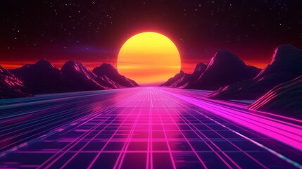 Stunning retro sunset landscape with vibrant neon grid, perfect for futuristic designs and nostalgic vibes, ideal for music artwork and tech visuals