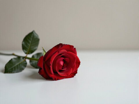 Single red rose on light background, elegant romantic flower with simple minimalist composition - Powered by Adobe