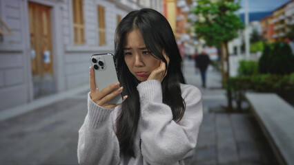 Young chinese woman looking at smartphone with puzzled expression on a city street outdoors, suggesting confusion or concern in urban setting.