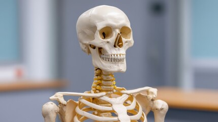 Realistic human skeleton model used in educational settings for anatomy demonstration and study, showcasing detailed bones and structure in classroom environment