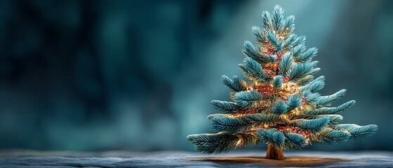 Festive Christmas Tree with Warm, Glowing Lights on a Dark Blue Background, Creating a Cozy and Inviting Holiday Ambiance with Copy Space