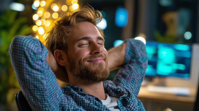Happy relaxed defocused developer sitting reclined on chair feeling pleased about software development accomplishments in office, enjoying server programming success late at night,