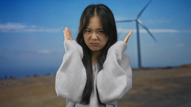 Young chinese woman in a cozy sweater makes playful faces standing in a field with a windmill under a vast blue sky, combining humor and nature effortlessly.