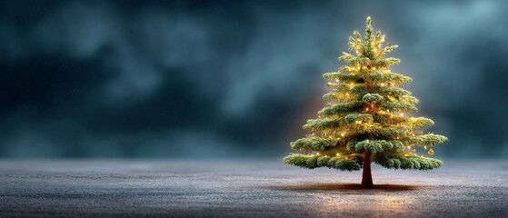 Luminous Christmas Tree Standing with Glowing Lights on a Dark Overcast Background, Evoking a Sense of Holiday Magic and Wonder with Ample Copy Space