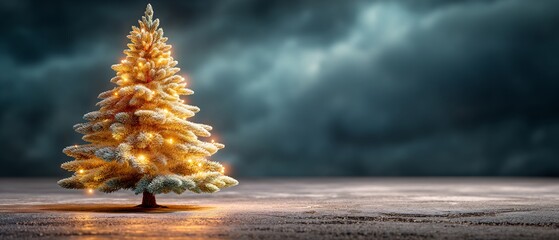 Golden Christmas Tree Standing Alone with Twinkling Lights on a Moody Dark Background, Creating a Festive and Elegant Holiday Atmosphere with Copy Space