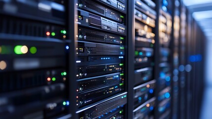 Powerful server room featuring modern network infrastructure for reliable data storage and processing, ensuring optimal performance and security solutions