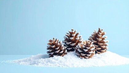 A cluster of natural pine cones gently dusted with fine white artificial snow