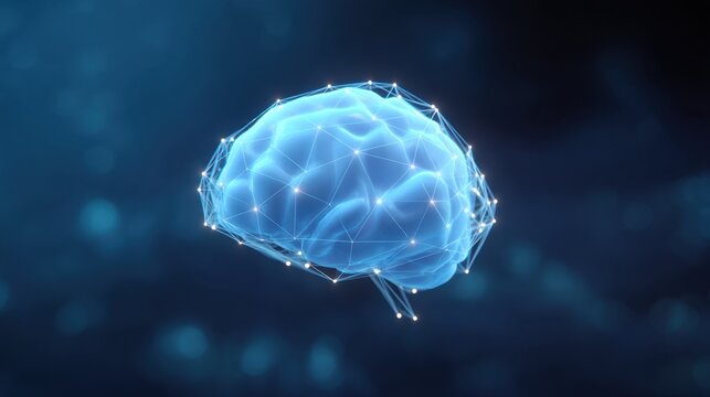 Futuristic Representation of a Human Brain with Digital Network Connections and Lighting Effects in a Dark Background - Powered by Adobe