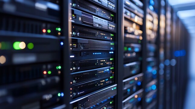 Powerful server room featuring modern network infrastructure for reliable data storage and processing, ensuring optimal performance and security solutions - Powered by Adobe