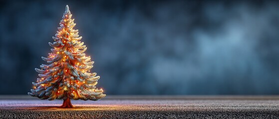 Festive Christmas Tree with Warm Lights Standing Tall on a Dark Background, Holiday Season Celebration with a Magical Glowing Effect and Copy Space