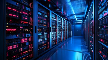 Modern data center with rows of server racks glowing with red lights showcases secure technology and reliable information infrastructure solutions