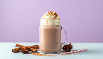 A cozy Christmas pastel scene featuring a small glass jar of hot chocolate