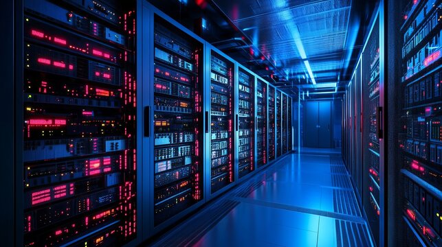 Modern data center with rows of server racks glowing with red lights showcases secure technology and reliable information infrastructure solutions - Powered by Adobe
