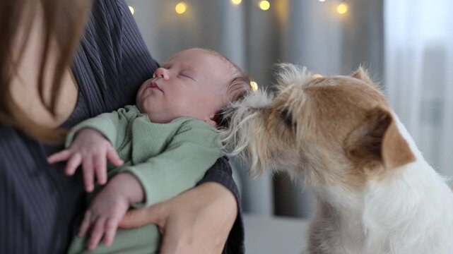 A woman is busy with a baby. A mother is rocking the baby in her arms. A girl is soothing the baby. A dog is lying on a bed. A Jack Russell Terrier is watching the newborn