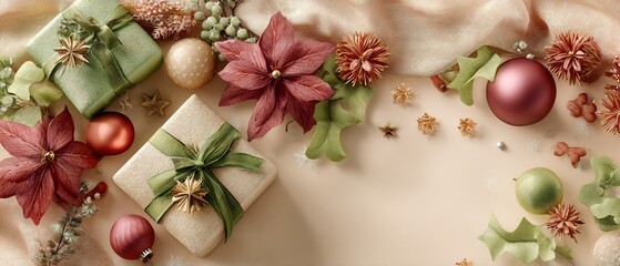 Elegant Christmas Card Layout with Pastel Colors, Featuring Beautifully Wrapped Gifts, Poinsettias, and Ornaments Arranged on a Soft Background with Copy Space