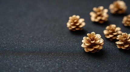 Golden pine cone decorations arranged on a textured black surface for a festive and elegant atmosphere in holiday and seasonal themes