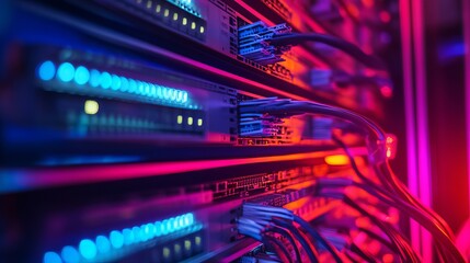 Powerful data center servers with vibrant neon lights for cutting-edge technology and futuristic networking solutions in a modern business environment