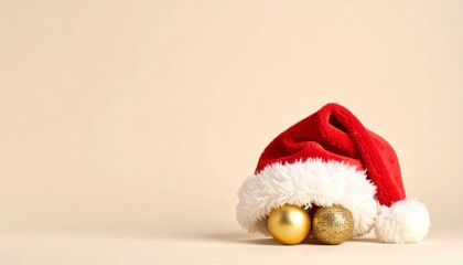Fototapeta premium A festive Christmas scene featuring a small red Santa hat with fluffy
