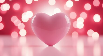 Glossy pink heart shape standing on a reflective surface against a vibrant bokeh background, symbolizing love and romance.