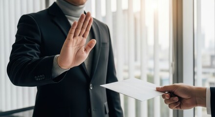Professional businessman in a suit refuses an envelope or bribe with a stop gesture, emphasizing integrity and anti-corruption.