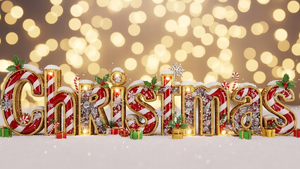 Festive 3D Christmas Typography with Candy Cane Stripes and Sparkling Bokeh Background