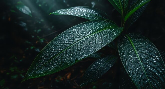 Lush dark green tropical leaf covered in fresh water droplets (dew/rain), dramatically illuminated by a sunbeam in a moody jungle.