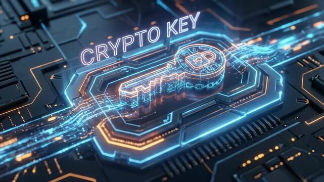 Digital crypto key emerging in neon glow. Futuristic blockchain security animation with energy streams. Cybersecurity symbol for digital asset protection concept. video footage video footage