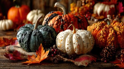 Assorted Warty and Textured Pumpkins in a Rustic Autumn Harvest Setting