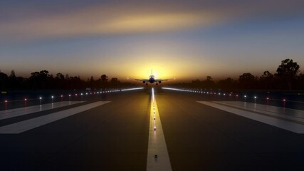 A plane taking off into the setting sun, creating a silhouette against a colorful sky over a runway. The scene depicts the beauty and energy of travel Stock Video