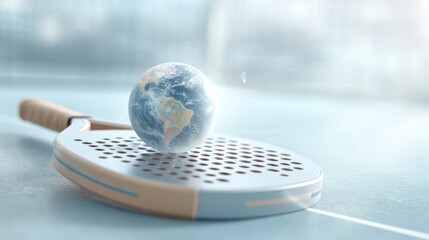 Tennis racket with a globe resting on its strings, symbolizing global sportsmanship and unity in the world of athletics and competition