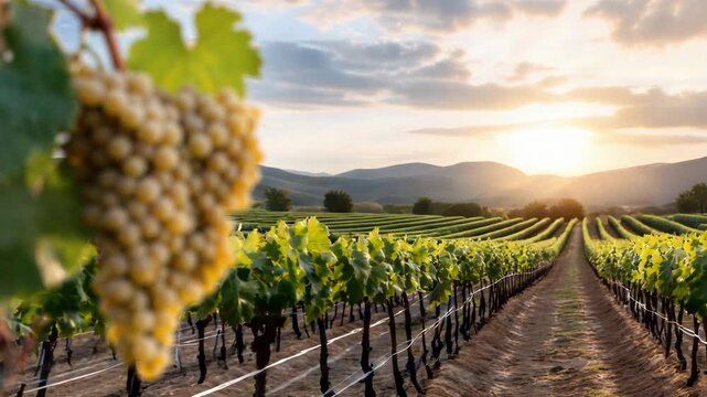 Golden grape cluster hanging over sunlit vineyard rows sunrise and sunset, peaceful vine cluster