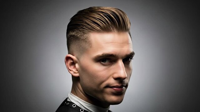 Professional male hair transformation: trendy fade and styled pompadour in highdefinition