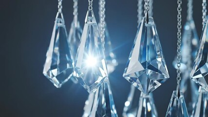 Hanging crystal prisms dangling from chains. Sparkling glass facets reflecting light in motion. Elegant decorative mobile creating rainbow refractions for interior ambiance. video footage video - Powered by Adobe