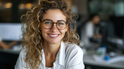 Portrait of smiling female professional faceless software developer with eyewear in office setting, happy woman in tech, confident female programmer, positive workplace moment, wit