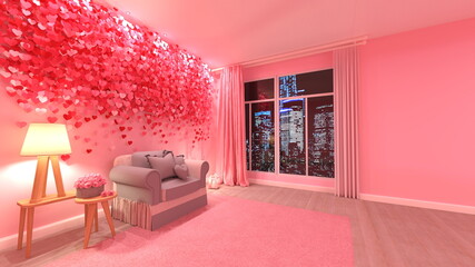 夜景が見えるリビングルーム　3DCGレンダリング