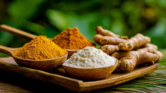 Spices ginger turmeric cinnamon cloves nutmeg cardamom cumin curry cooking seasoning herbs wooden spoon wooden tray natural ingredients organic culinary