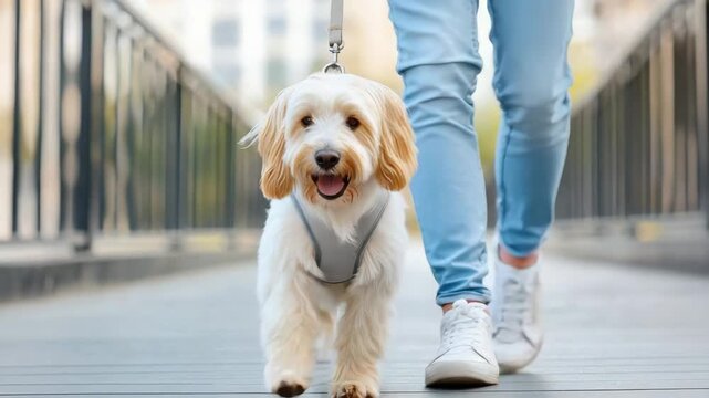 Small white dog walking on bridge with owner legs smiling happily on leash harness dog walking