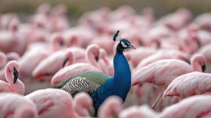 Vibrant peacock stands out among a flock of pink flamingos in a natural habitat, showcasing the beauty of contrasting colors and wildlife diversity
