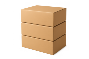 Stack of three brown cardboard shipping boxes, packaging for delivery, moving, storage, cargo, and merchandise, transparent background