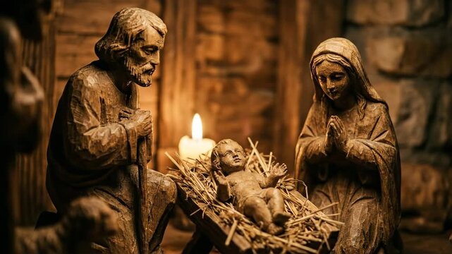 Nativity scene depicting Holy Family with Joseph Mary and baby Jesus in stable. Religious sculpture showing birth of Christ with candle light. Christmas tradition and biblical concept. video footage