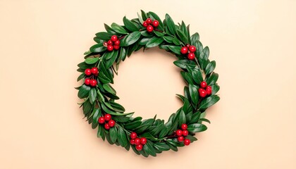 Minimal green wreath with subtle red berries only, pastel beige background