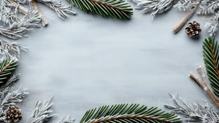 Frosted pine branches and cones framing snowy wooden background with calm mood snowy pine branches - Powered by Adobe