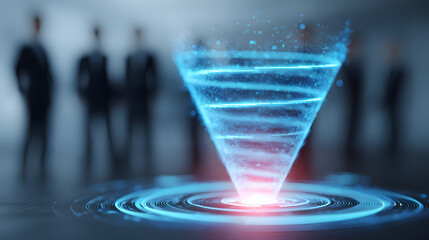A sales team reviewing a holographic sales funnel and performance metrics, business, holograms, blurred background, with copy space
