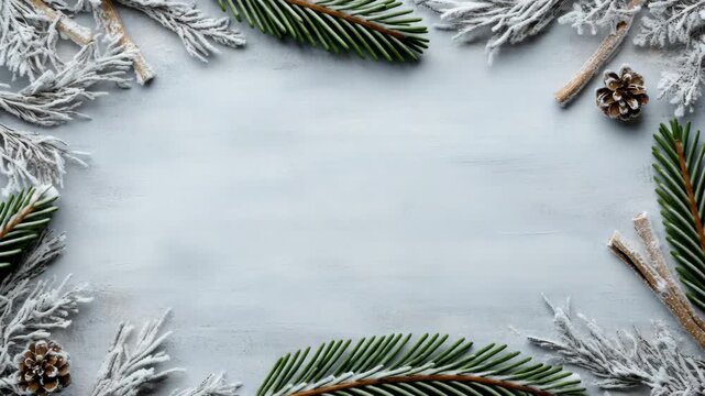 Frosted pine branches and cones framing snowy wooden background with calm mood snowy pine branches
