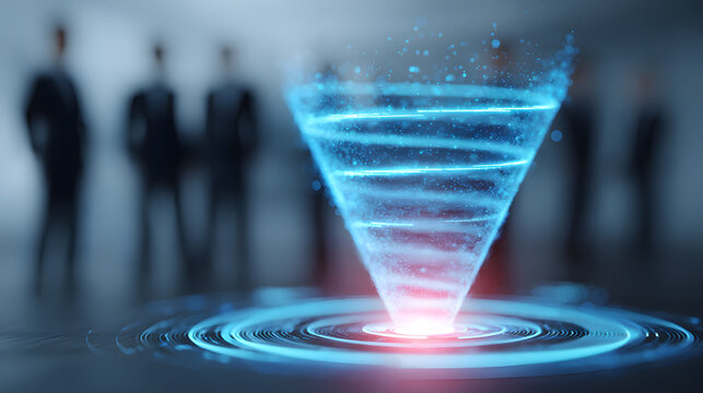 A sales team reviewing a holographic sales funnel and performance metrics, business, holograms, blurred background, with copy space - Powered by Adobe
