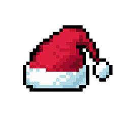 Fototapeta premium Pixel icon in Santa Claus hat. Arcade game icon. Christmas and New Year celebration. 