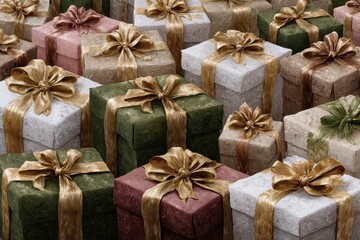 Obraz premium Gift christmas present background ribbon box wrapping holiday black birthday package. View gift christmas present gold red isolated event paper stack above tradition small craft year studio happy