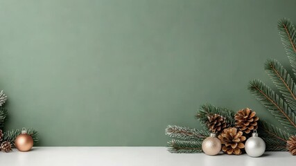 Festive pine branch ornament and pinecone holiday christmas scene with evergreen branches - Powered by Adobe