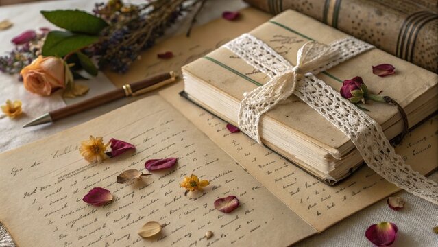 Romantic Still Life with Antique Books, Handwritten Letters and Dried Rose